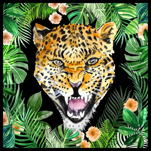 Kopf Leopard Und Tropische Blätter Exotische Blumen Aquarell Illustration Schal — Stockfoto