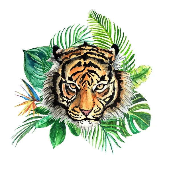 Tropical Lämnar Och Tiger Head Akvarell Print — Stockfoto