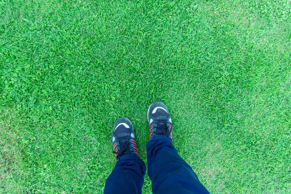 Reisende Selfie Seine Füße Schuhe Mit Grünem Gras Hintergrund — Stockfoto