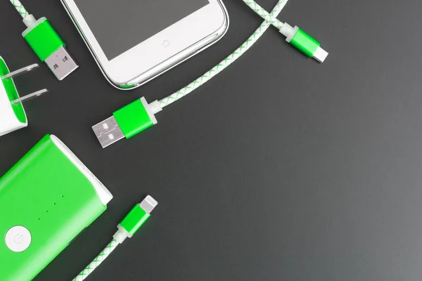smartphone battery and usb charging cable with copy space