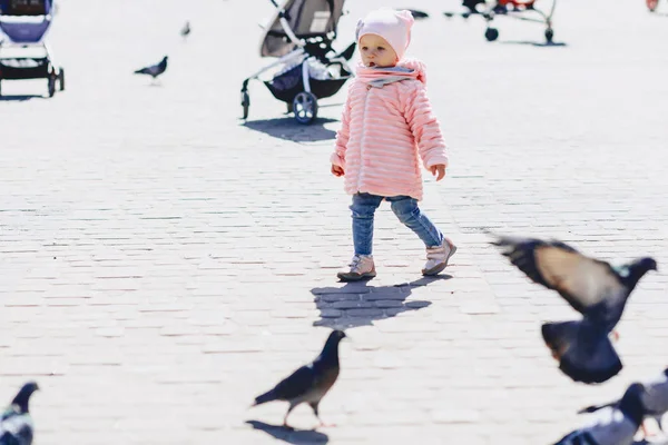 küçük şirin bebek yürüyüşü meydanda kuşlarla güneşli günde
