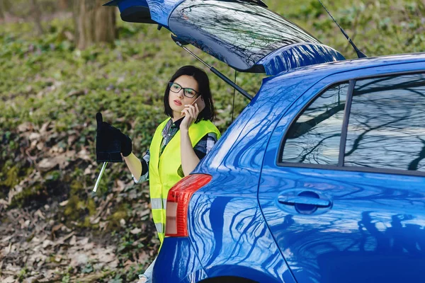 魅力的な女の子の安全のジャケットでは 道路上の車の近く電話での話し — ストック写真