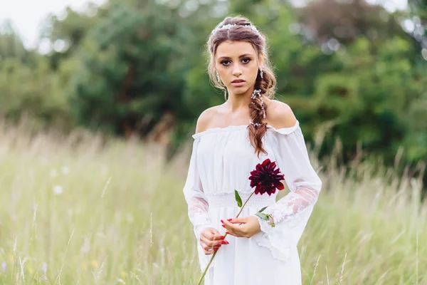 Junges Hübsches Mädchen Mit Blume Den Händen Bei Leichtem Ankleidegang — Stockfoto