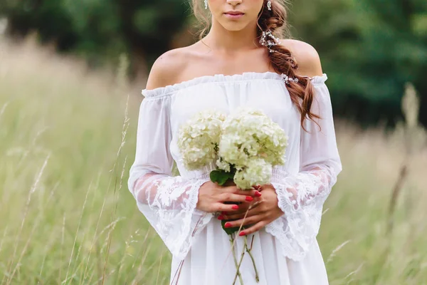 Young Pretty Girl Flower Her Hands Light Dressing Walk Lawn — Stock Photo, Image