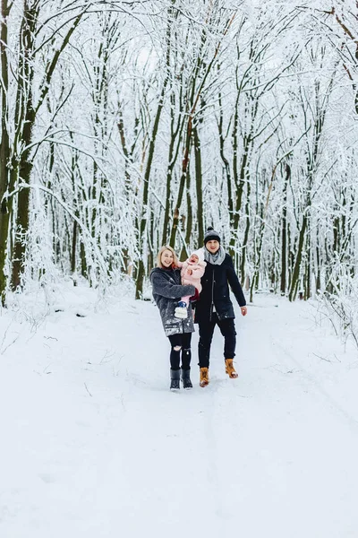 Stylish Happy Young Family Walks Baby Winter Street Mom Dad — Stock Photo, Image