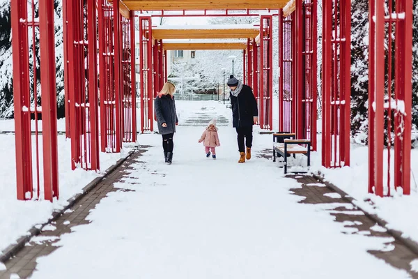 Elegante Feliz Jovem Família Caminha Com Bebê Rua Inverno Mamãe — Fotografia de Stock