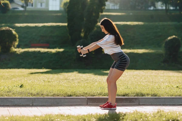 Menina Fitness Acolhedor Fazendo Exercícios Com Halteres Pôr Sol Grama — Fotografia de Stock