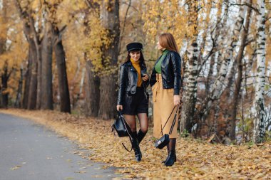 iki rahat gülümseyen genç kız sonbahar park Road'da bir yapmak fotoğraflar yürümek.