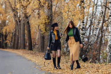 iki rahat gülümseyen genç kız sonbahar park Road'da bir yapmak fotoğraflar yürümek.