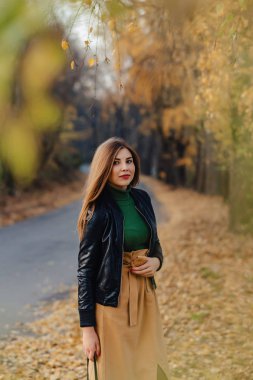 Yalnız sonbahar renkli Park'ta rahat şık genç kız yürüyüş