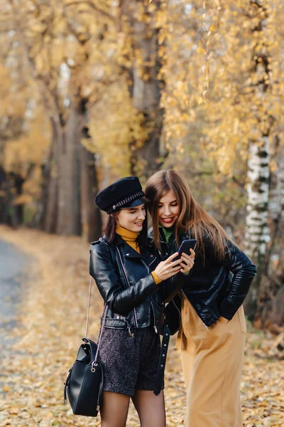 Duas Meninas Sorridentes Acolhedoras Caminham Estrada Parque Outono Fazer Fotos — Fotografia de Stock