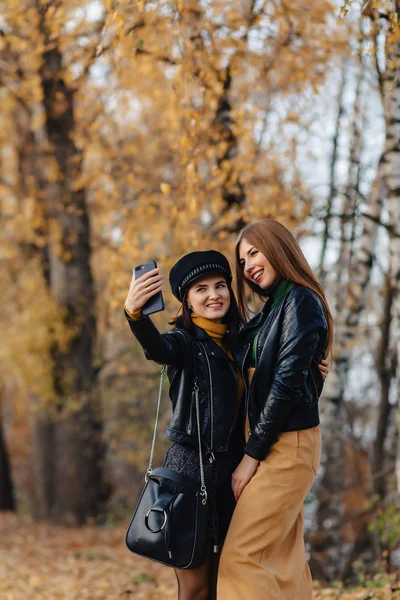 Zwei Gemütlich Lächelnde Junge Mädchen Spazieren Der Herbstlichen Parkstraße Und — Stockfoto