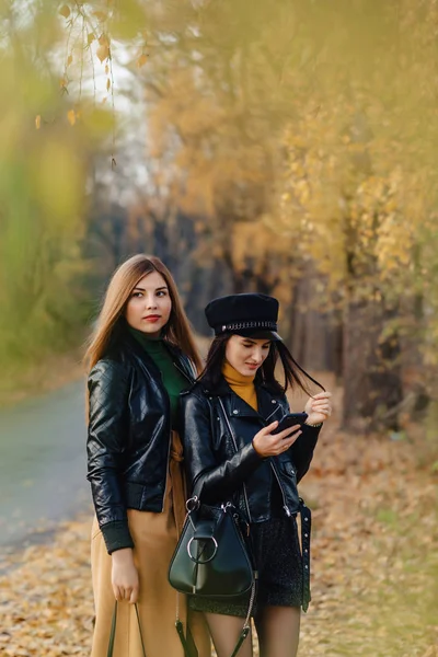 Dua Gadis Muda Tersenyum Nyaman Berjalan Jalan Taman Musim Gugur — Stok Foto