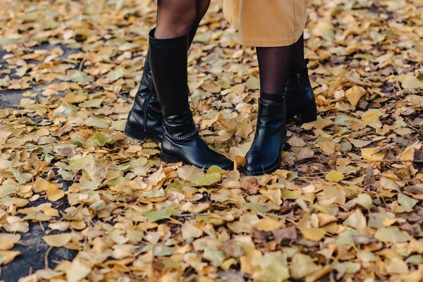 Mulher Calçados Entre Folhas Amarelas Outono Parque Colorido — Fotografia de Stock