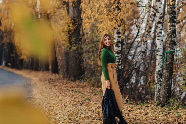 Yalnız Sonbahar Renkli Park Rahat Şık Genç Kız Yürüyüş — Stok fotoğraf