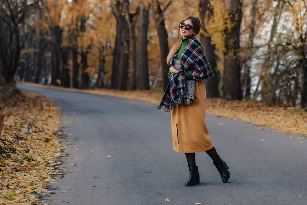 舒适时尚的年轻女孩独自走在秋天五颜六色的公园 — 图库照片