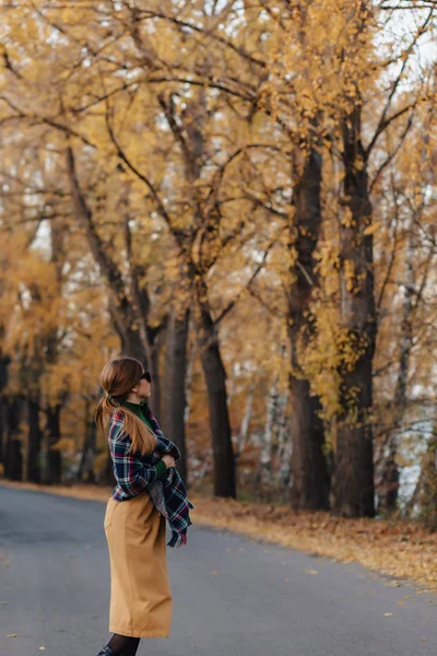 Затишна Молода Дівчина Гуляє Осінньому Барвистому Парку Наодинці — стокове фото