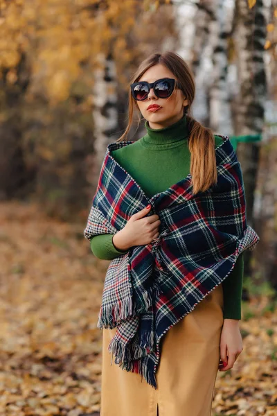 Accogliente Elegante Passeggiata Ragazza Parco Colorato Autunno Occhiali Sole Solo — Foto Stock