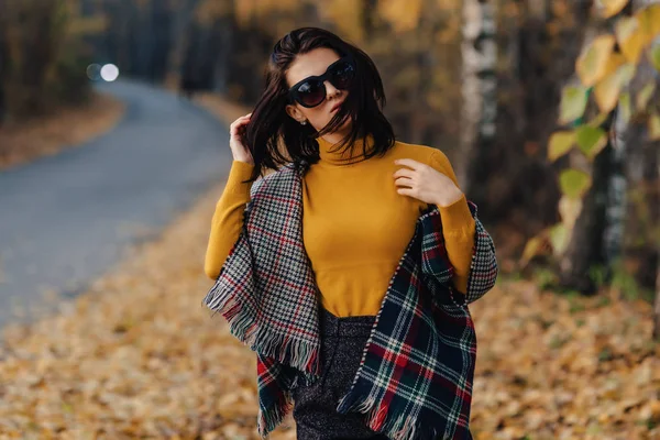 Aconchegante Elegante Jovem Caminhada Outono Colorido Parque Óculos Sol Sozinho — Fotografia de Stock