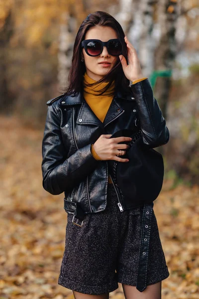 Accogliente Elegante Passeggiata Ragazza Parco Colorato Autunno Occhiali Sole Solo — Foto Stock