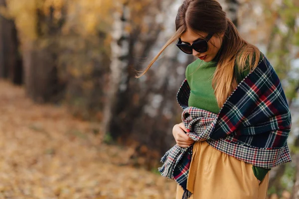 Confortable Élégant Jeune Fille Marcher Automne Parc Coloré Dans Les — Photo