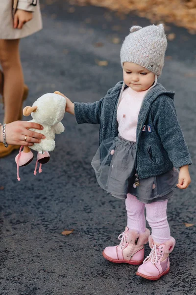 Pequena Caminhada Bebê Estrada Parque Entre Árvores Amarelas Outono Fora — Fotografia de Stock