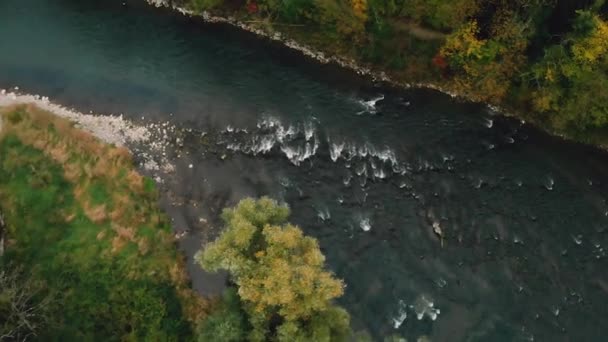 Luftaufnahme Des Flusses Fuße Des Bewaldeten Berges Nebel — Stockvideo