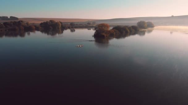 Aerial Fly Countryside Lake Sunrise Sunset Ducks Water Steam Water — Stock Video