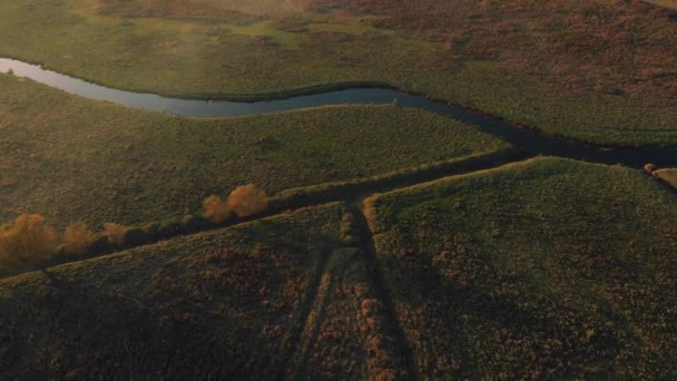 Vuelo Aéreo Sobre Río Del Campo Con Aves Domésticas Amanecer — Vídeo de stock