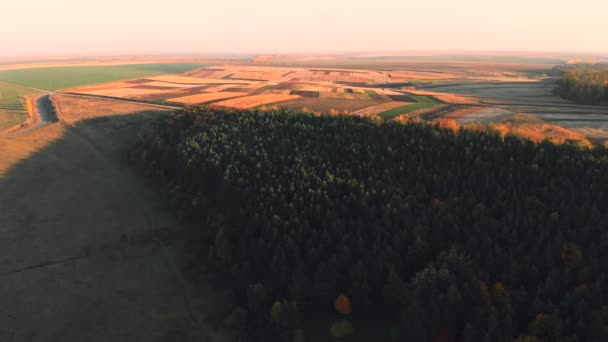 Vuelo Aéreo Sobre Bosque Rural Amanecer Puesta Sol Humo Otoño — Vídeo de stock