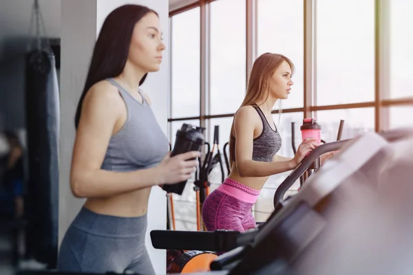 Girls in the gym are trained on treadmills and drink water, smiling — Stock Photo, Image