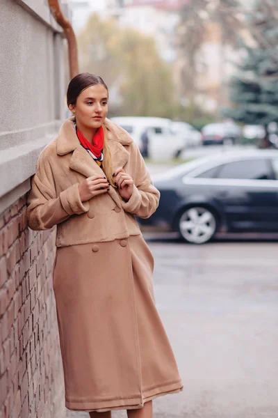 Giovane ragazza carina elegante in una pelliccia passeggiando per la città vicino a case di legno e muri di pietra — Foto Stock
