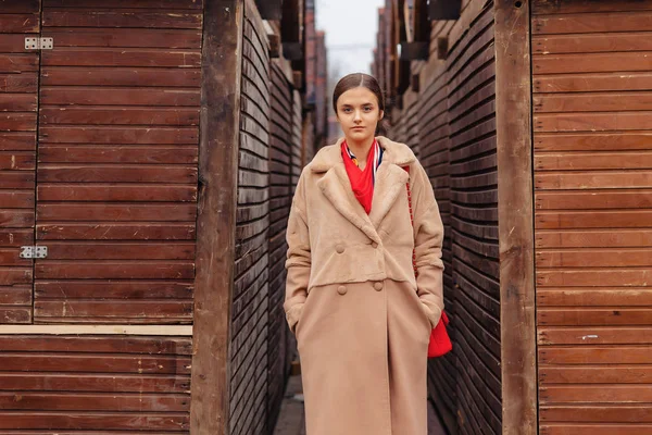 Jovem elegante bonito menina em um casaco de pele passeando pela cidade perto de casas de madeira e paredes de pedra — Fotografia de Stock