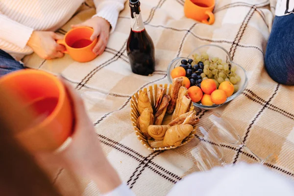 summer picnic on a rug with fruits, wine and tea, cups, croissants and sweets details