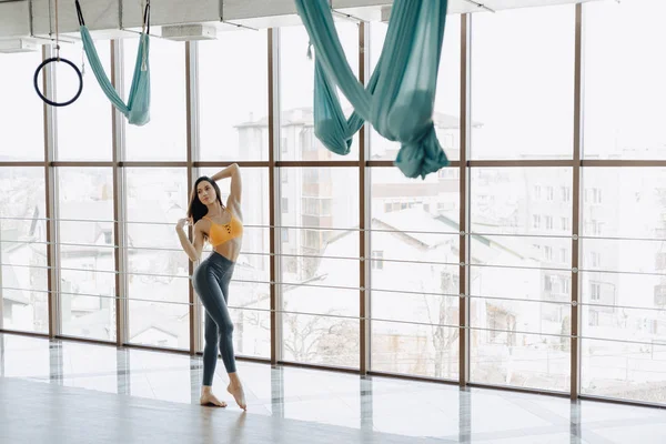 Joven chica atractiva posando en el gimnasio, figura suave, fitness y yoga — Foto de Stock