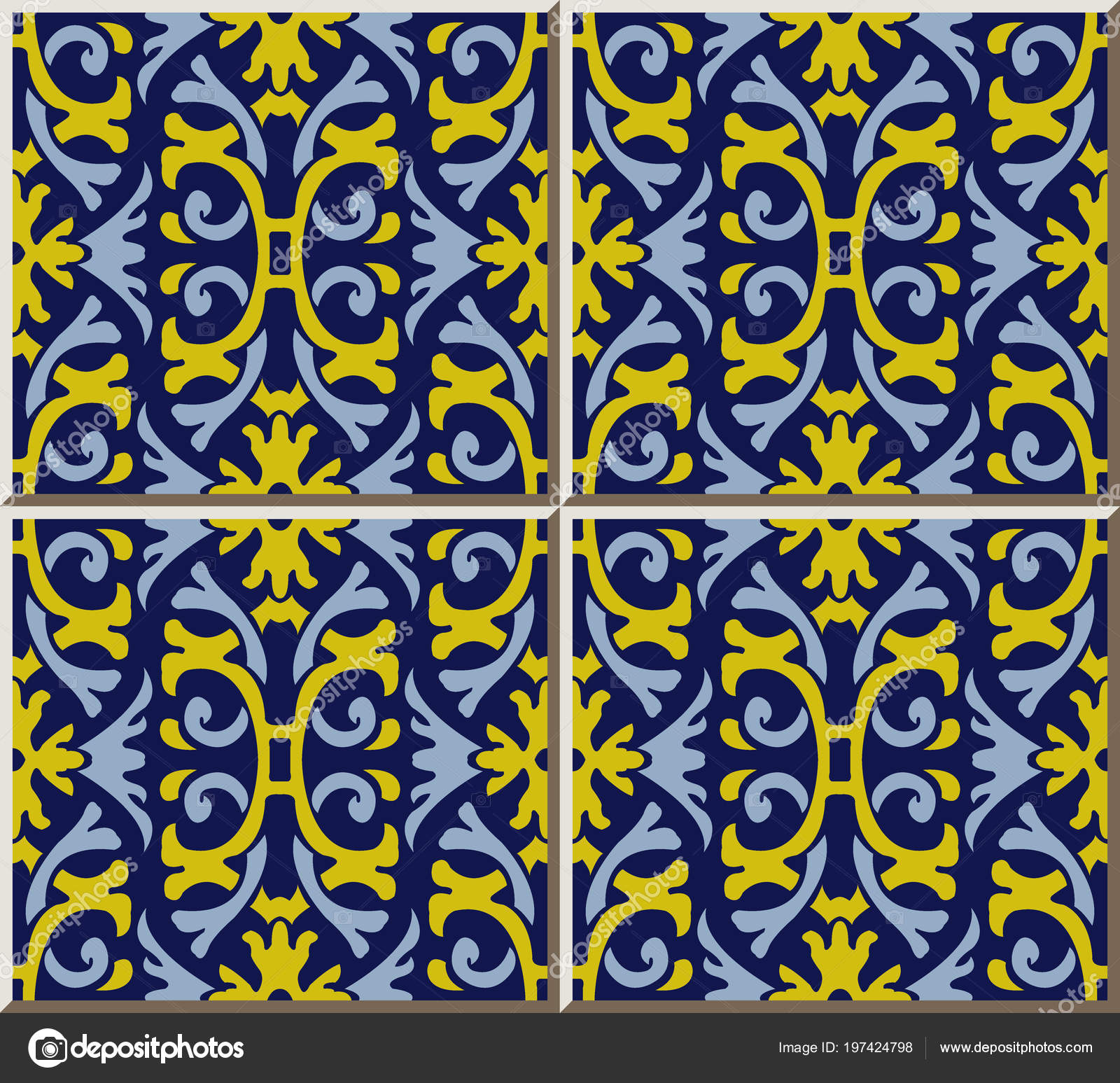 Ceramic Tile Pattern Spiral Curve Cross Frame Yellow Flower, Oriental Ceramic Tile Pattern Spiral Curve Cross Frame Yellow Flower, Oriental