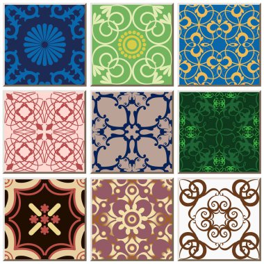 Oryantal antika retro seramik karo desen açılan koleksiyonu kümesi, vintage iç döşeme dekorasyon.