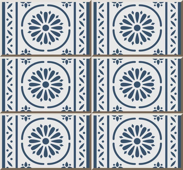 Keramik Fliesenmuster Blau Runde Kurve Querrahmen Linie Blume Orientalische Innenboden — Stockvektor