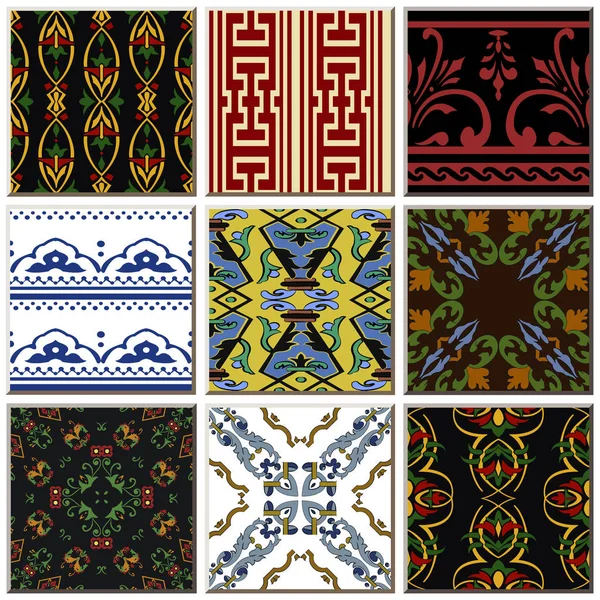 Oriental Antique Retro Ceramic Tile Pattern Combo Collection Set Vintage — Stock Vector