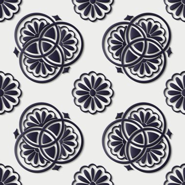 Sorunsuz kabartma heykel dekorasyon retro desen mavi yuvarlak çapraz çerçeve satır çiçek. Tebrik kartı veya zemin şablon tasarımı için idealdir