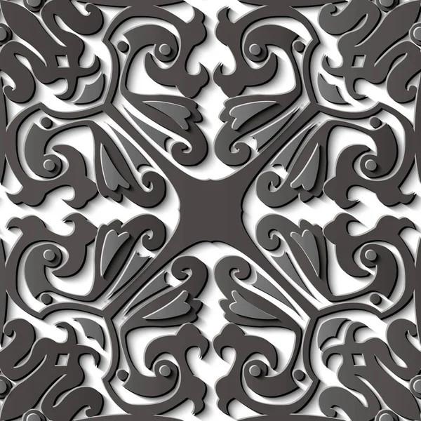 シームレスなレリーフ彫刻装飾レトロ パターン グレー曲線スパイラル クロス フレームつる万華鏡です グリーティング カードや背景のテンプレート デザインに最適 — ストックベクタ