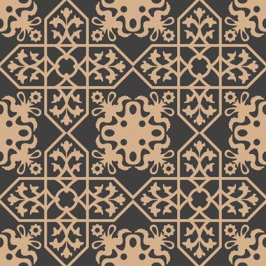 Vektör damasko Dikişsiz retro desen arka plan çokgen geometrisi çapraz çerçeve sarmal eğri çiçek asma. Zarif lüks kahverengi tonlu tasarım duvar kağıtları, arka planında ve sayfa doldurmak için.