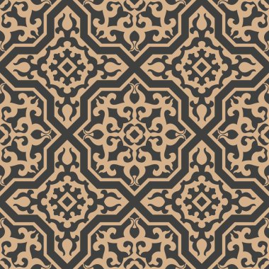 Vektör damasko Dikişsiz retro desen arka plan çokgen geometrisi çerçeve sarmal eğri bitki kret çapraz çapraz. Zarif lüks kahverengi tonlu tasarım duvar kağıtları, arka planında ve sayfa doldurmak için.