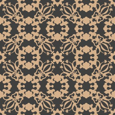 Vektör damasko Dikişsiz retro desen arka plan sarmal eğri bitki asma yıldız çiçek çiçek dürbünü çapraz. Zarif lüks kahverengi tonlu tasarım duvar kağıtları, arka planında ve sayfa doldurmak için.