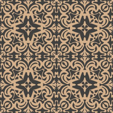 Vektör damasko Dikişsiz retro desen arka plan sarmal girdap asma yaprak çiçek çiçek dürbünü çapraz. Zarif lüks kahverengi tonlu tasarım duvar kağıtları, arka planında ve sayfa doldurmak için.