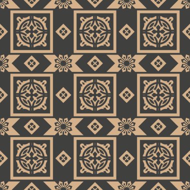 Vektör damasko Dikişsiz retro desen arka plan onay kare Çokgen çerçeve çiçek çapraz. Zarif lüks kahverengi tonlu tasarım duvar kağıtları, arka planında ve sayfa doldurmak için.