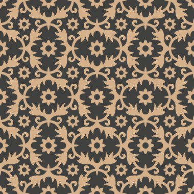 Vektör damasko Dikişsiz retro desen arka plan oval sarmal eğri yaprak asma çerçeve çiçek çapraz. Zarif lüks kahverengi tonlu tasarım duvar kağıtları, arka planında ve sayfa doldurmak için.