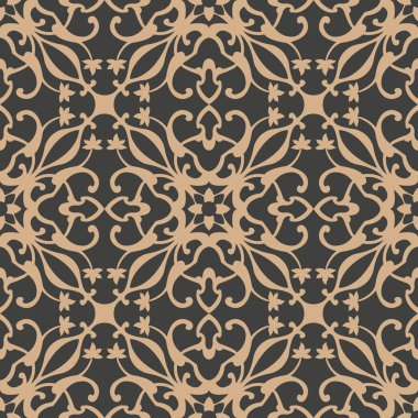 Vektör damasko Dikişsiz retro desen arka plan sarmal eğri bitki asma yaprak çerçeve çiçek çiçek dürbünü çapraz. Zarif lüks kahverengi tonlu tasarım duvar kağıtları, arka planında ve sayfa doldurmak için.