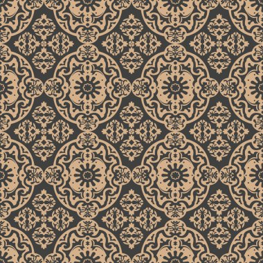 Vektör damasko Dikişsiz retro desen arka plan oval eğri yuvarlak çapraz sarmal bitki yaprak asma çerçeve çiçek. Zarif lüks kahverengi tonlu tasarım duvar kağıtları, arka planında ve sayfa doldurmak için.