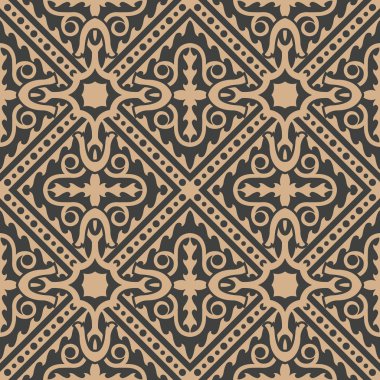 Vektör damasko Dikişsiz retro desen arka plan onay sarmal eğri dalga çapraz çerçeve satır kaleydoskop. Zarif lüks kahverengi tonlu tasarım duvar kağıtları, arka planında ve sayfa doldurmak için.